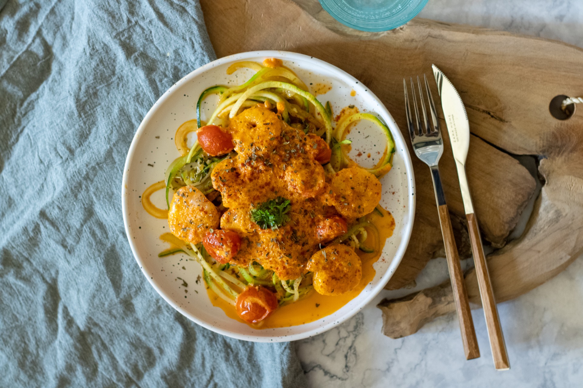 Scampi diabolique met courgetti